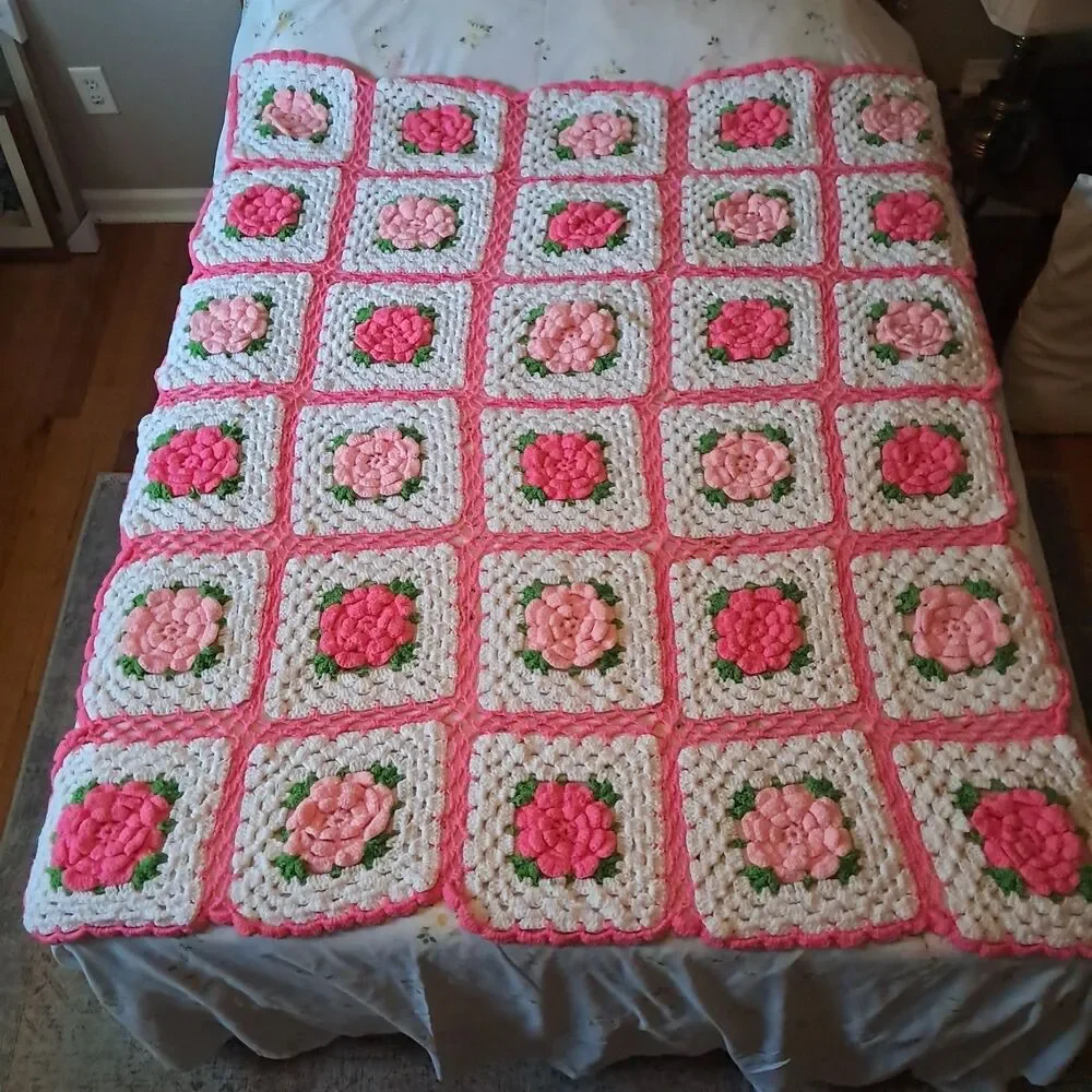 Crochet Granny Square 3D Pink Rose Afghan Throw Girlie Cottage Core